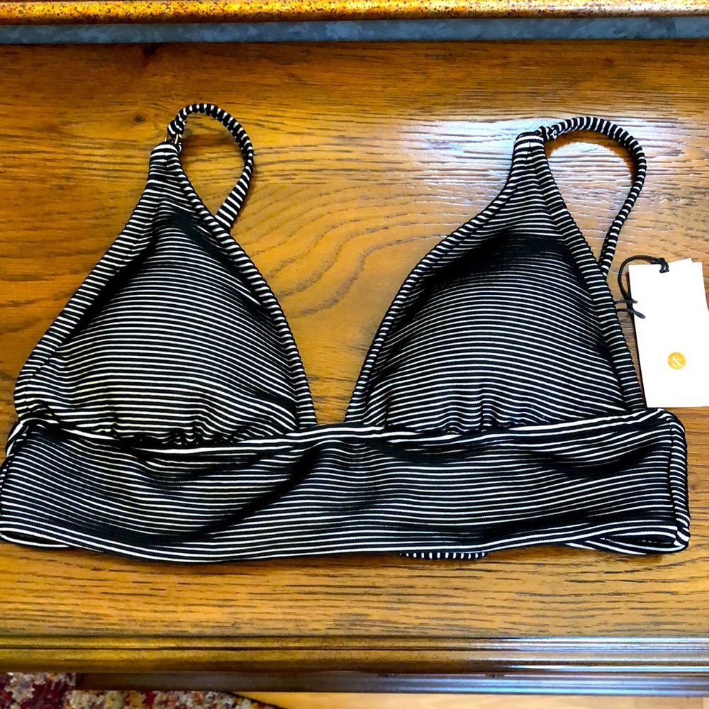 New Women’s bikini top.  Size M.  Black and white thin stripe. Adjustable straps